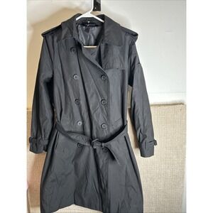 Norma Kamali Black Long Trench Coat Sz L Double Breasted